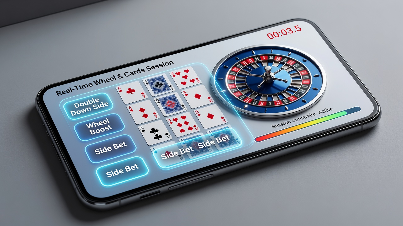 Detailansicht eines mobilen Roulette-Layouts mit Side-Bet-Timing-Indikatoren und Wheel-Animation
